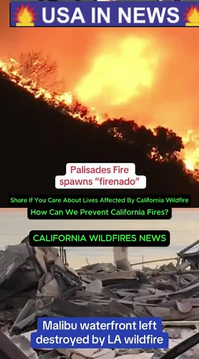 🔥🌪️ California Wildfire Spawns Firenado! The Palisades Fire created a fire tornado as it neared Mandeville Canyon, Los Angeles. This rare phenomenon happens when wildfires get so intense, they create their own weather system. How can we prevent California fires like this? 💬 Key Points: 🌬️ Firenado Phenomenon: The Palisades Fire generated a fire tornado due to its extreme intensity. 🏡 Threat to Communities: Mandeville Canyon residents are on high alert as the wildfire advances. 🚨 Wildfire A