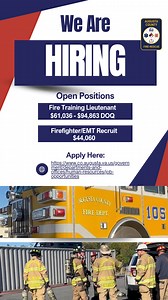 3.3K views · 17 reactions | Have you ever thought about a career in fire-rescue? We are hiring and application deadlines are quickly approaching! Complete job descriptions and requirements can be found at the links below: Fire Training Lieutenant https://www.co.augusta.va.us/Home/Components/JobPosts/Job/949/1224 Firefighter/EMT Recruit https://www.co.augusta.va.us/Home/Components/JobPosts/Job/965/1224 #hiring #firerescue #firefighter | Augusta County Fire-Rescue | Facebook