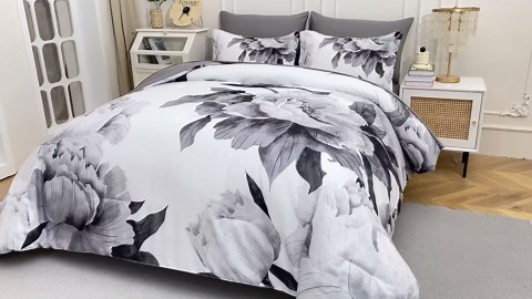 Dobuyly Grey Queen Comforter Set 7 Piece Bed in a Bag, Gray Floral Printed on White Comforter Set with Sheets, Soft Microfiber Botanical Farmhouse Bedding Set for All Season