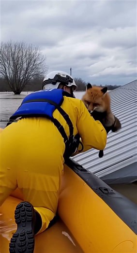 🦊 Rescuer Saves Fox Stranded on Rooftop During Flood