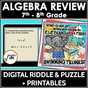 7th Grade Algebra Skills Review SELF-CHECKING DIGITAL PUZZLE ACTIVITY | NO PREP