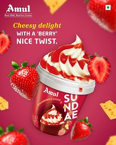 A delicious combination you could ever ask for! Amul Sundae Strawberry and Cheese flavoured ice cream is the creamiest, berrilicious and divine tasting perfection. #AmulSundae #Strawberry #Cheese #IceCream #Berry #CheesyDelight | Amul