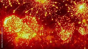 Brilliant orange fireworks burst across night sky, illuminating darkness with vibrant color and energy at lively summer festival. Dazzling display captivates audience with its grandeur.