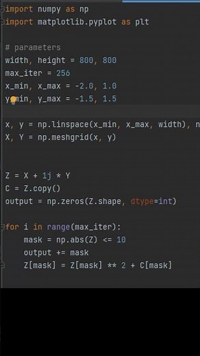 How to create a mandelbrot fractal in 30 seconds?(code i description) #mandelbrot #python #code #art