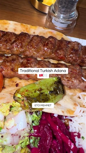 Traditional Turkish Adana kebab - who needs to take a flight when you can step into our restaurants for the real thing 🍽️ Click the link in bio to book 🔥 #EtciMehmet #Liverpool #Birmingham #Leeds #Turkishfood