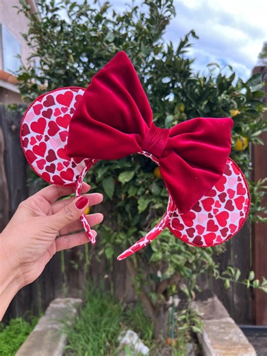 Mickey Minnie Ear Headband Heart Pattern Design Red Velvet Bow Theme Park Valentine Outfit Disney Sweethearts Night Galentine's Theme Party - Etsy