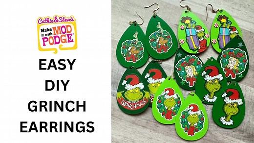 3.9K views · 43 reactions | Quick and Easy DIY! Make Grinch Earrings with Stickers and Mod Podge! Cathie from Handmade Happy Hour with Cathie Filian is teaching this fun and easy tutorial for Christmas jewelry.  Learn more about Mod Podge at plaidonline.com/brands/mod-podge​  Watch more Make It With Mod Podge: bit.ly/MakeItWithModPodge  Sign up for our newsletter! plaidonline.com/email-signup | Plaid Crafts | Facebook