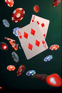 vertical slow motion of Falling playing ace cards and poker chips