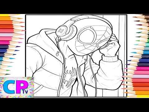 Miles Morales Listens to Music/Miles Morales with Headphones and Hood/Art Therapy/Relaxing Coloring