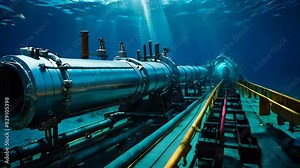Underwater pipeline for oil and gas transport, subsea industry equipment at sea bottom, metal conduit in blue ocean, petroleum production and energy supply technology