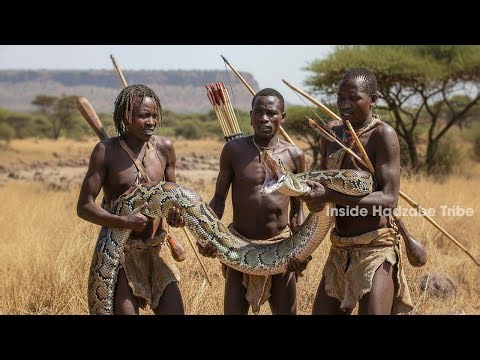 When African Hadzabe Hunters Hunt A Giant Python And Cook In The Forest | Hadzabe Tribe Hunting
