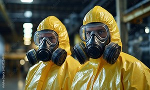Two people in yellow hazmat suits with black gas masks standing side by side in industrial environment. Concept of biohazard protection and emergency response