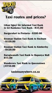 Know your taxi fare before you go! ?? Here are the latest prices for these popular routes in South Africa. Paid more or less? Share in the comments and help fellow travelers save! ? #TaxiPrices #SouthAfricaTravel #TaxiTipsSA #KnowYourFare #SaveMoneyTravel #taxistoanywhere #taxis Idutywa to Umtata Taxi Rank | R130.00 Marabastad Taxi Rank to Laudium Plaza | R20.00 Bloed Mall underground Taxi rank to Mmametlhake | R75.00 Vryburg Taxi Rank to Morokweng | R90.00 Chesterville Taxi Rank to Umzinto | R5