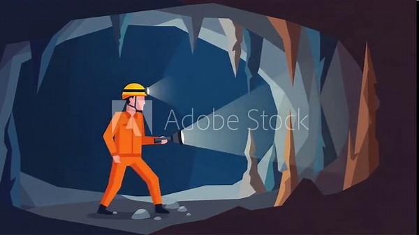 Cartoon miner explores a dark cave system with a flashlight, wearing safety helmet Stock Video
