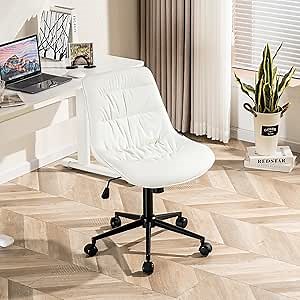 Kidol & Shellder Armless Office Chair Desk Chair Comfy Ergonomic Swivel Chair Home Office Desk Chairs with Wheels Rolling Task Computer Chair Makeup Vanity Chair with Back for Bedroom(White)