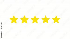 Five Stars Rating Animation on White Background with Falling Stars. Symbol of Quality and Excellence. 5 Stars Rating in 4K Resolution.
