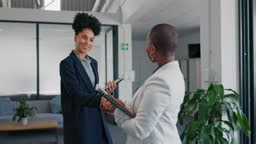 Business woman shaking hands with a client in the office before a...