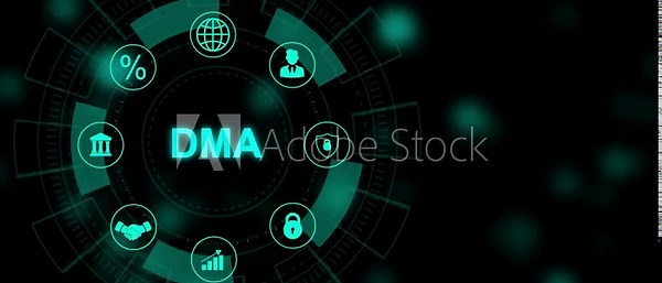DMA acronym. Digital Marketing Automation concept, with gear modern technology internet and social media icons 4K animation background.