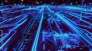 A close-up of an animated circuit board where neon blue lines and points light up and travel along pathways, 4K black background High-Quality Animation Video Stock Video