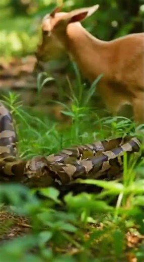 Python hidden in jungle grass suddenly strikes a grazing goat