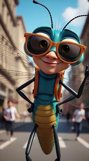 Animated grasshopper tourist enjoying city street posing dancing #ai
