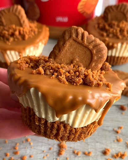 Mini Biscoff Cheesecakes 😍 Throwing it back to these delicious Biscoff mini cheesecakes! 🤤 They’re so creamy and they’re also packed with Biscoff! I absolutely love how quick and easy they are to make 🙌 Sound on for full instructions 🔉 All you need is👇 Base: 150g Lotus Biscuits, finely crushed 45g Unsalted butter, melted Cheesecake: 200ml double cream, cold 400g cream cheese, room temp 100g icing sugar 100g Biscoff spread Feel free to top however you wish! I used melted biscoff spread, butt