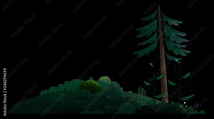 Seamless loop. Pine tree, bushes, flowers and grass on a hill swing in the wind. Green sunny day. Animated vector illustration with brushes isolated on black background with alpha luma matte.