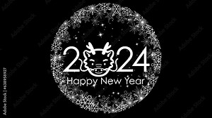 New Year's resolutions. In a globe of stars and white flakes appear the numbers 2024 and Happy new year written in white on a black background. The year of the dragon. 3D animation