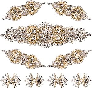 9 Pack Rhinestone Crystal Wedding Applique Iron on Patch DIY Sewing Appliques for Bridal Dress Clothes Shoes Decoration Handmade Wedding Accessories (Gold)