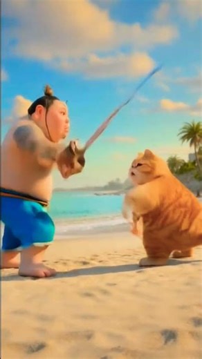Funny Beach Duo | Cute Cat & Big Guy Animation