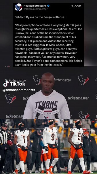 DeMeco Ryans on the Bengals offense: “Really exceptional offense. Everything start & goes through the quarterback. Has exceptional talent. Joe Burrow, he’s one of the best quarterbacks I’ve watched and studied from the standpoint of his accuracy, ball placement. Add in the receiving threats in Tee Higgins & Ja’Marr Chase, ultra talented guys. Both explosive guys, can beat you downfield, can beat you on any routes. Have our hands full this week, fun offense to watch, very detailed, Zac Taylor’s d