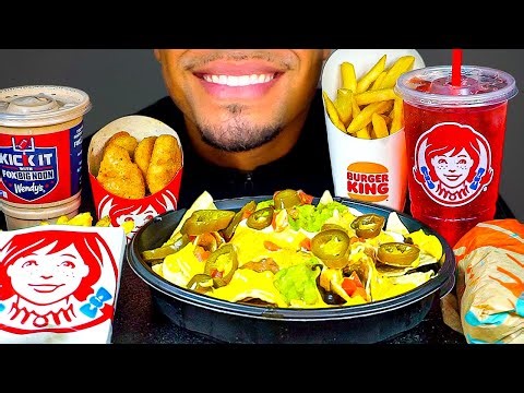 ASMR WENDY'S BURGER KING TACO BELL MUKBANG EATING SOUNDS MESSY CHICKEN NUGGETS NACHOS FRIES CHEESE