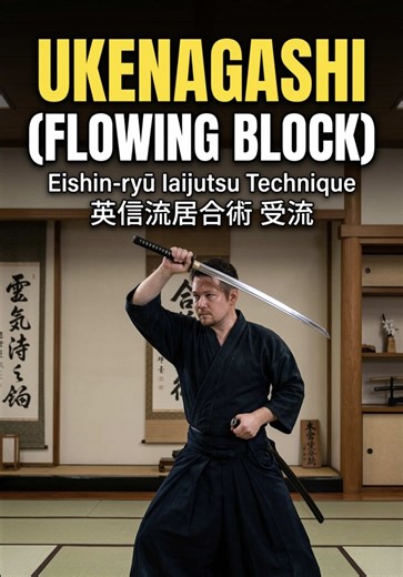 Mastering the art of deflection with Ukenagashi (Flowing Block) ⚔️ In Eishin-ryū Iaijutsu (英信流居合術), Ukenagashi (受流) is a brilliant display of using an opponent's energy against them. Rather than clashing swords and meeting force with brute force, the practitioner draws their blade at a precise angle to receive and smoothly deflect an incoming strike. The attacker's blade