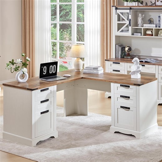 OKD 60" L-Shaped Executive Office Desk, Farmhouse Rustic Computer Writing Desk with 3 Drawers, File Cabinet & Charging Station, Home Office Corner Workstation (Antique White)