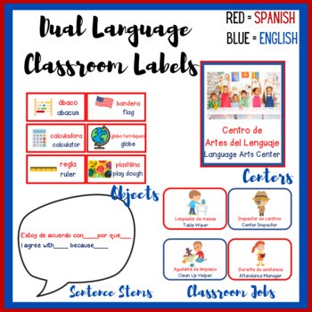 Dual Language Labels for Bilingual/Dual Language Classroom Bundle Spanish & Eng