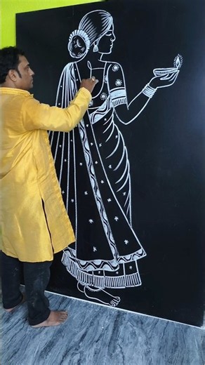 How to Draw a Beautiful Diya Girl with White Chalk | Easy Blackboard Art 🪔🤍 #shorts #art #drawing