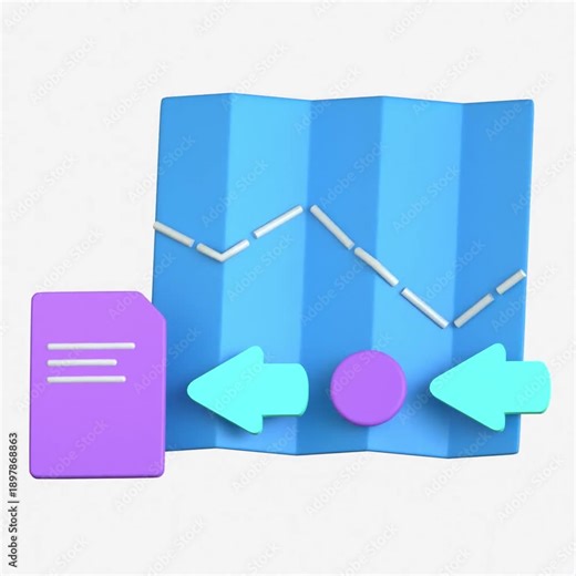 A 3D workflow map illustration with a folded map, a line chart, a document, and directional arrows