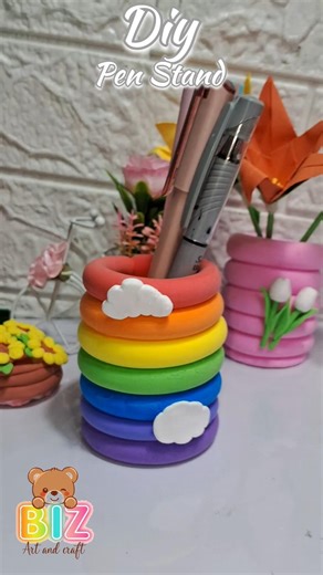 DIY Rainbow Pen Stand 🌈 | Clay Pen Holder Craft | Easy Desk Organizer | Mini Room Decor |