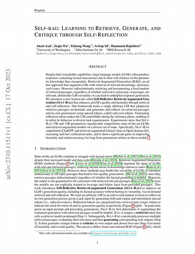 Self-RAG: Learning to Retrieve, Generate, and Critique through Self-Reflection