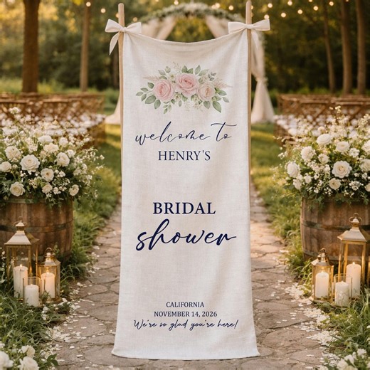 Personalized Bridal Shower Welcome Sign Banner, Custom Wedding Shower Backdrop, Floral Linen Sign, Beach Bridal Party Decor - Etsy