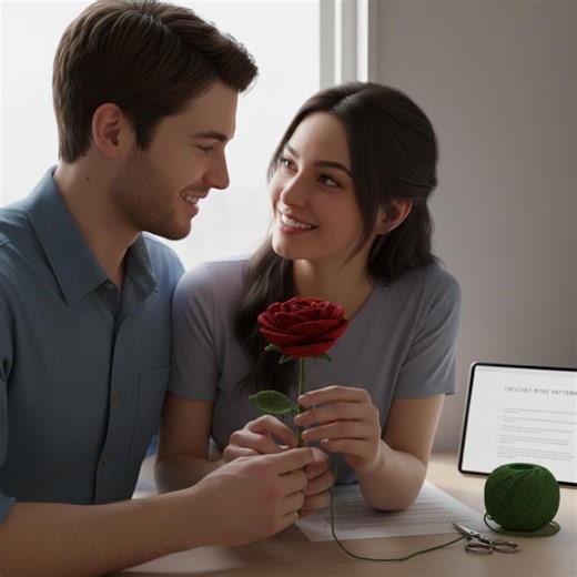 Motif rose au crochet réaliste | Cadeau de Saint-Valentin | Fleur au crochet 3D avec tige et feuille - Etsy France