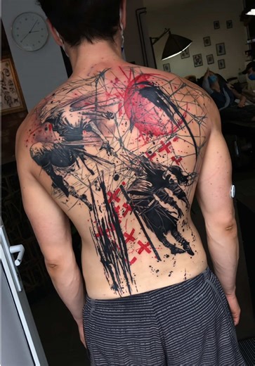 Dynamic Abstract Anime Full Back Tattoo Design