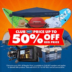 Reckon you handle the heat? Try these SPICY Boxing Day Deals to find out! 🥵🌶️ Shop now to get hot deals on a huge range of summer gear, including: 🔥 Club 15% off Weber Q BBQs 🔥 Save $486! Dometic CFF45 Fridge Freezer 🔥 Club 50% off BCF Fishing Shirts 🔥 Club 30-50% off All XTM 4x4 Gear 🔥 Club 30-60% off All Wanderer & Coleman Tents Plus much more! Get in quick - sale ends 05.01.25. Ts & Cs Apply. | BCF - Boating, Camping, Fishing