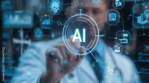 Close-up of a doctor touching an AI icon on a virtual screen, floating medical icons and graphs, healthcare with an AI interface, AI doctor, medical diagnosis, and health data. 4k video
