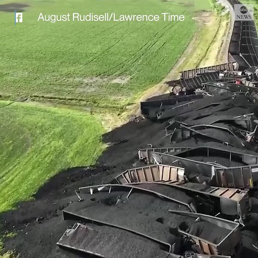 Train tracks in Kansas suffered “significant” damage after a coal train derailed near the city of Lawrence, authorities said. No injuries were reported. Drone video shows the aftermath of the crash, with coal spilled over the area. https://abcn.ws/3HEhL2f | ABC News