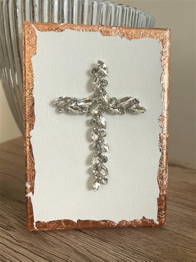 Rhinestone Cross on Canvas With Rose Gold Leaf Border - Etsy