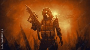 Girl warrior with assault rifle. Drawing 2d animation in sci-fi genre. Battle spaceship landing on alien planet. Horror fiction video clip. Spooky animated short film. War in space. Orange background.