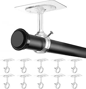 Ceiling Mount Curtain Rod Brackets, Adhesive Curtain Rod Holders No Drilling, Adjustable Curtain Rod Hooks Nail-Free Hanging for Poles of 0.5" -1.2" (10 Pack, Clear)