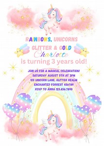 Magical Unicorn Birthday Party Invite Rainbows Glitter Sparkles - Etsy