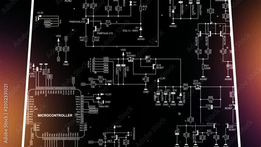 Video animation with electrical schematic diagram of electronic device with power unit. Connection of peripheral devices to microcontroller. Animated motion effect, screensaver. Computer tech design.